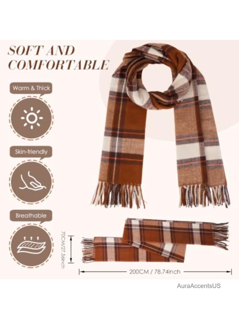 Women's Plaid Winter Scarf Shawl Wrap with Tassels, 100% Polyester, Lightweight - Picture 2 of 6